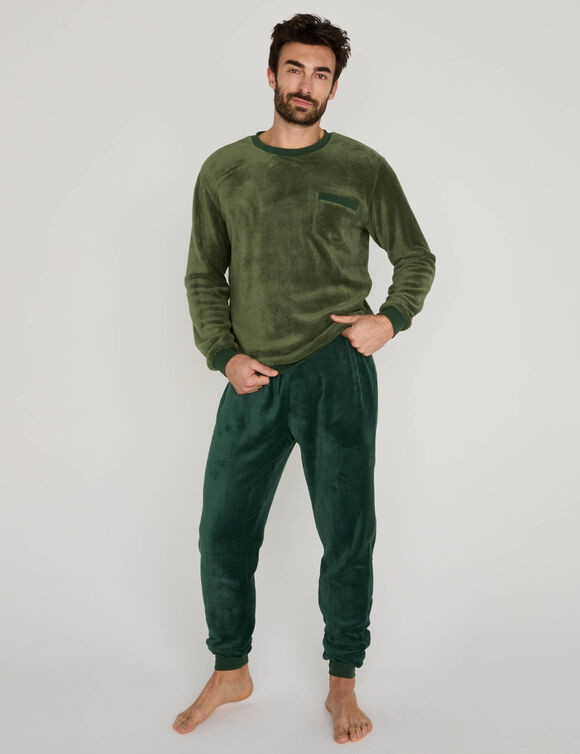 Pyjama pantalon bicolore maille polaire manches longues (kaki)