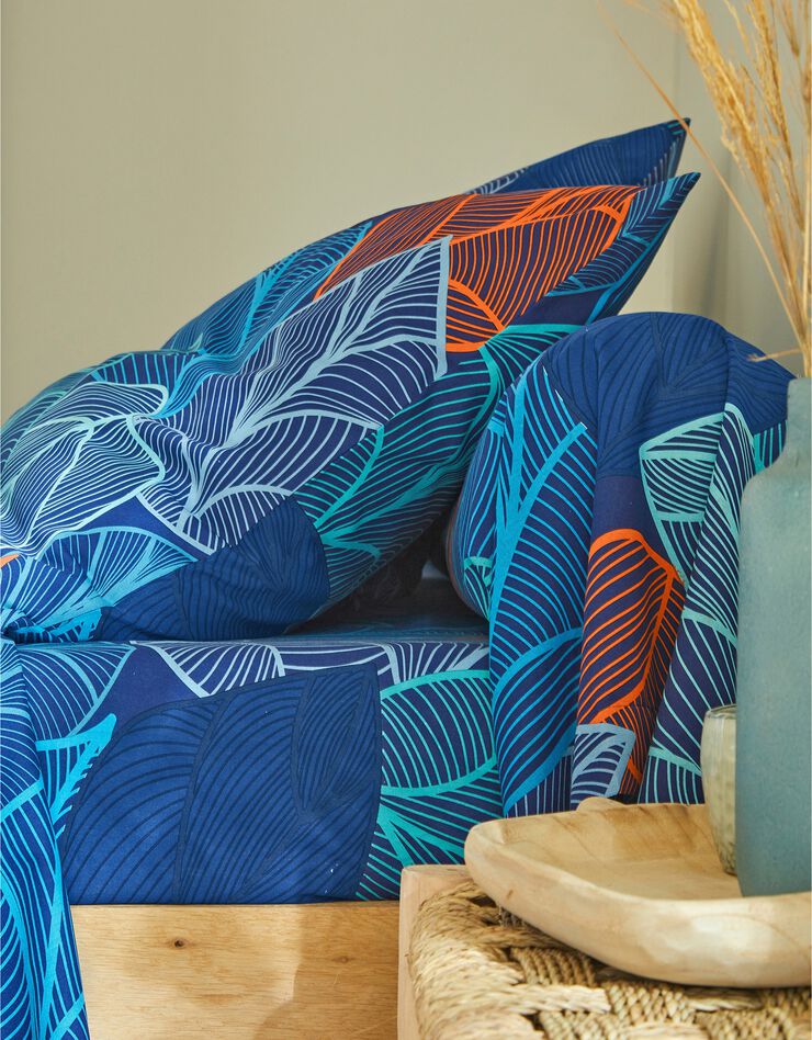 Linge de lit Elsa en polycoton à motifs feuilles (bleu)