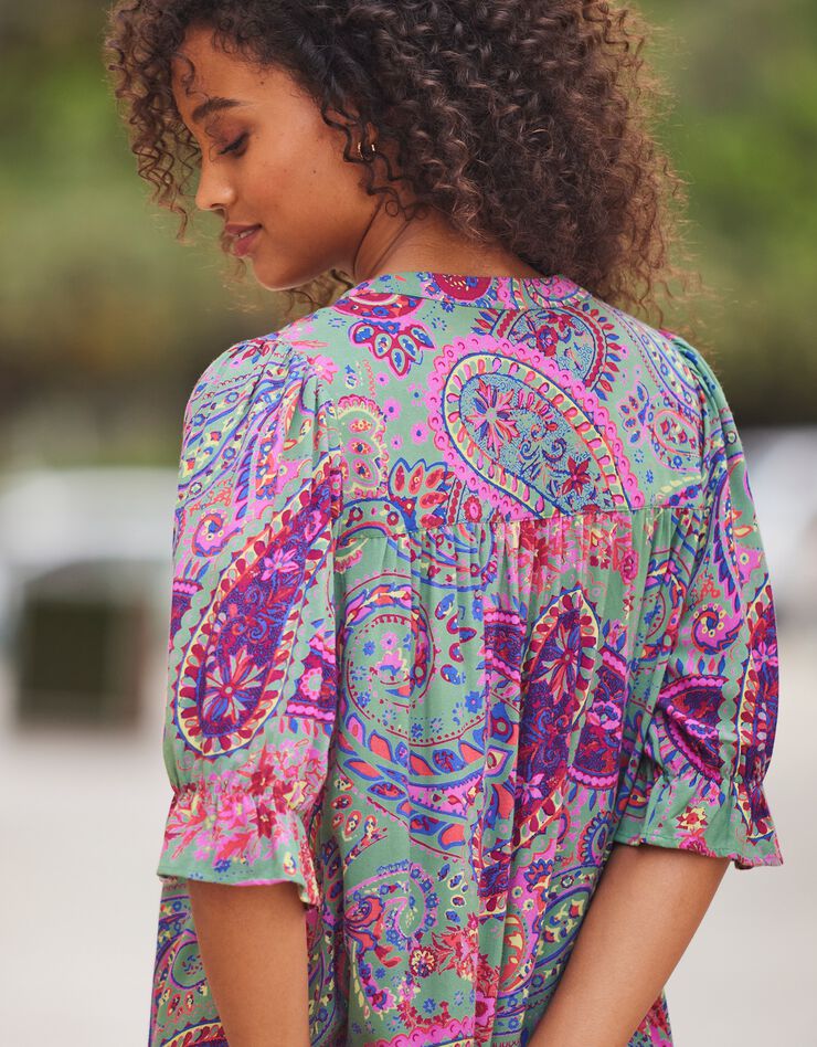 Robe boutonnée imprimée manches coude (vert)