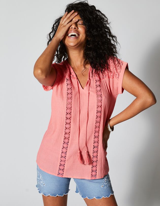 Tunique macramé crépon coton (corail)