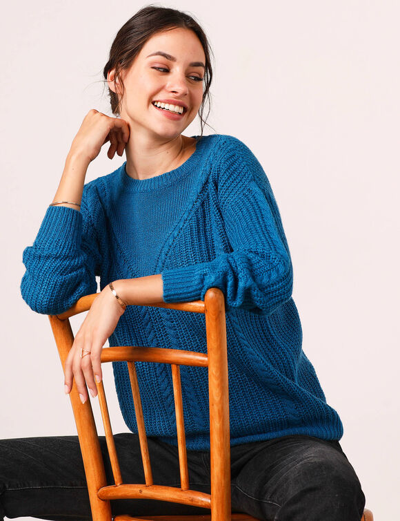 Pull torsadé - maille anglaise (bleu paon)