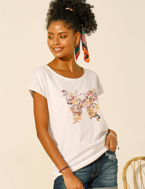 T-shirt manches courtes, imprim&eacute; plac&eacute; "papillon" (blanc)