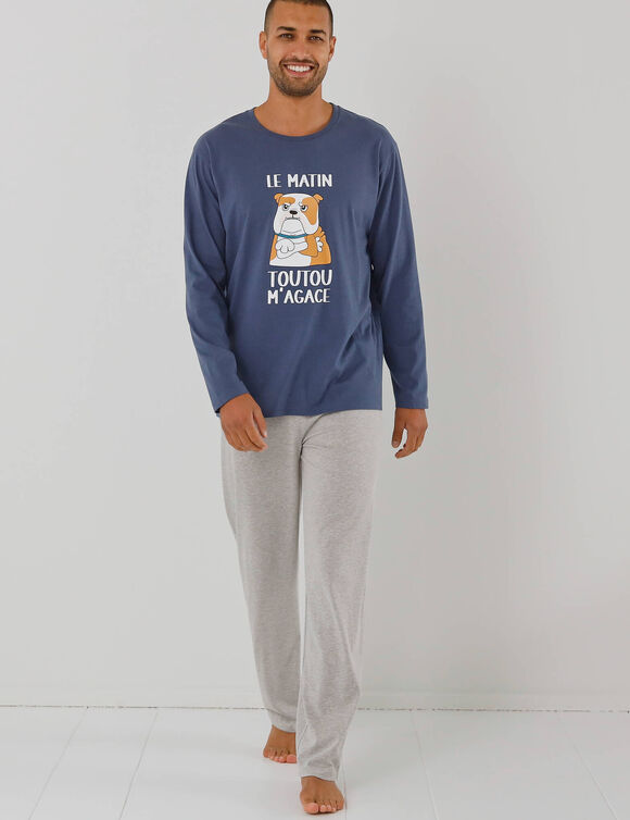 Pyjama message motif toutou manches longues  (marine / gris chin&eacute;)