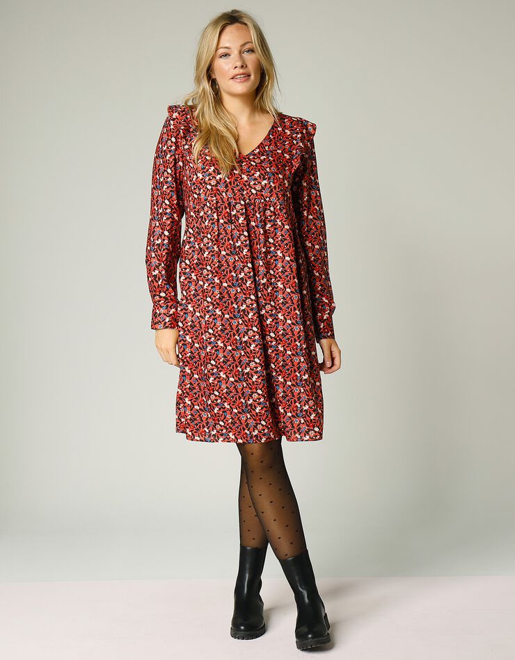 Robe courte fleurie col V manches longues (tomette) Robe courte fleurie col V manches longues (tomette)