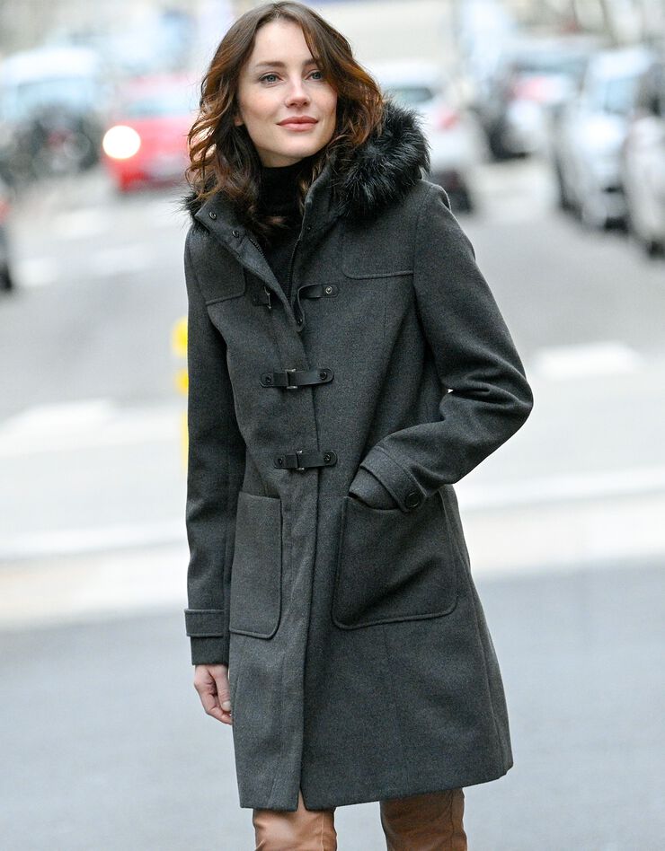 Duffle-coat capuche fausse fourrure uni (anthracite chiné)