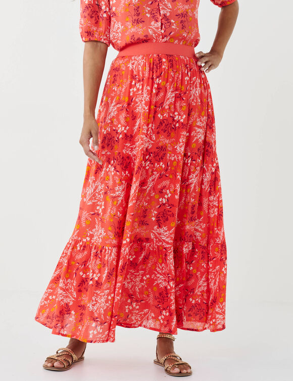 Jupe longue volant&eacute;e imprim&eacute; fleuri, cr&eacute;pon (corail)
