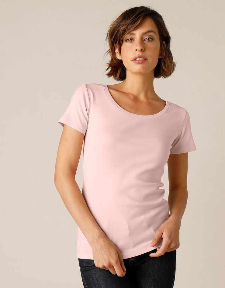 Tee-shirt col rond uni manches courtes jersey coton bio (rose poudré)