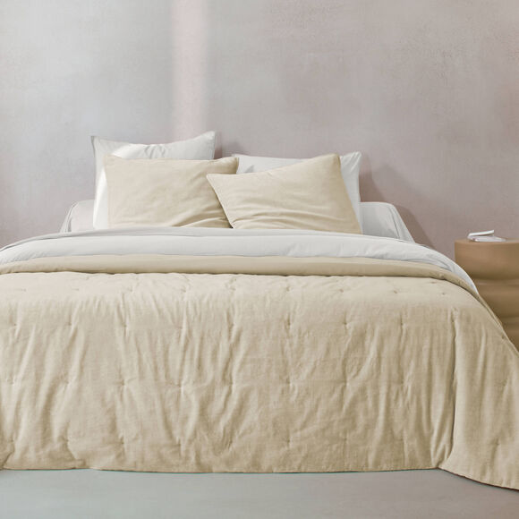 Couvre-lit capitonn&eacute; r&eacute;versible bi-mati&egrave;re - velours 100g/m&sup2; et coton lav&eacute; 57 fils/cm&sup2; (beige)