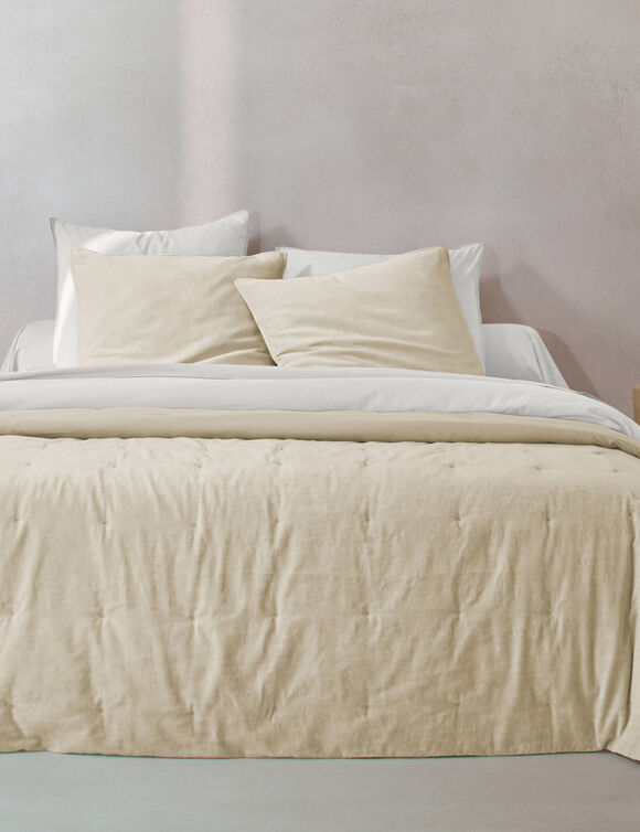 Couvre-lit capitonn&eacute; r&eacute;versible bi-mati&egrave;re - velours 100g/m&sup2; et coton lav&eacute; 57 fils/cm&sup2; (beige)