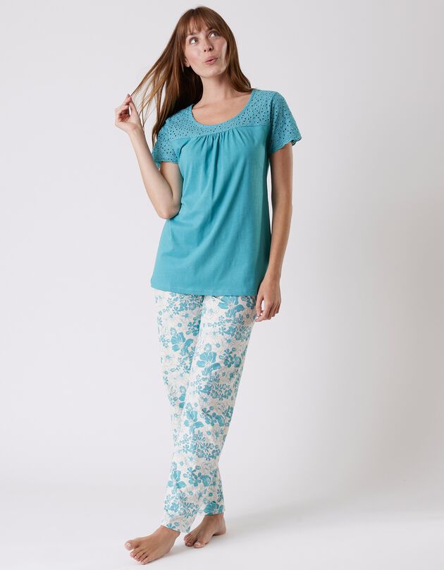 Pyjama imprimé avec broderie anglaise - manches courtes (turquoise)