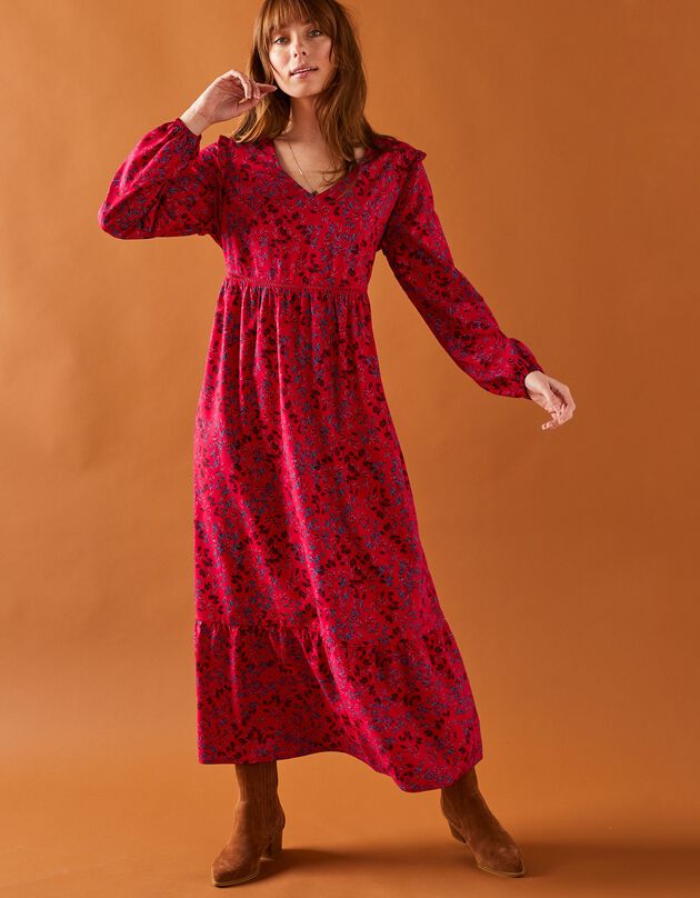 Robe longue base volantée imprimé végétal (cerise)