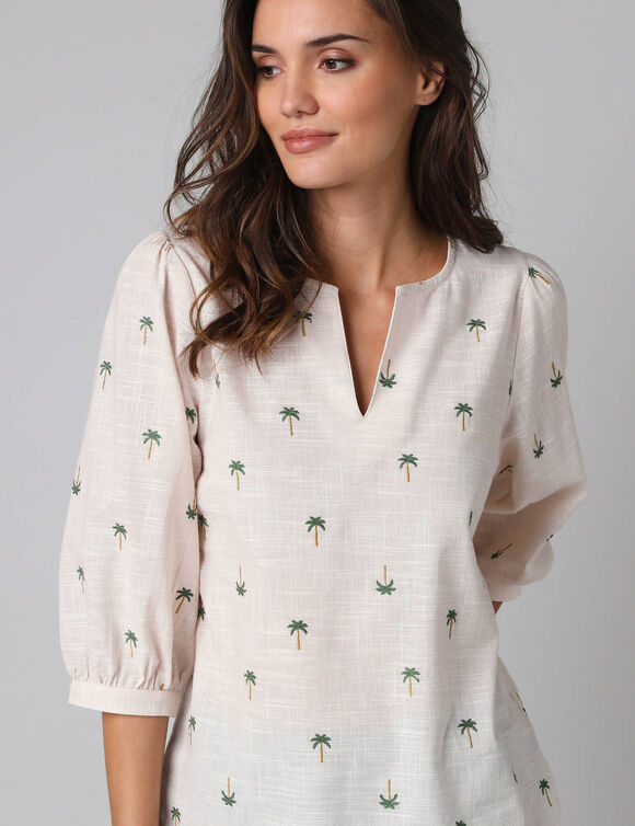 Blouse manches 3/4, broderies palmiers (&eacute;cru)
