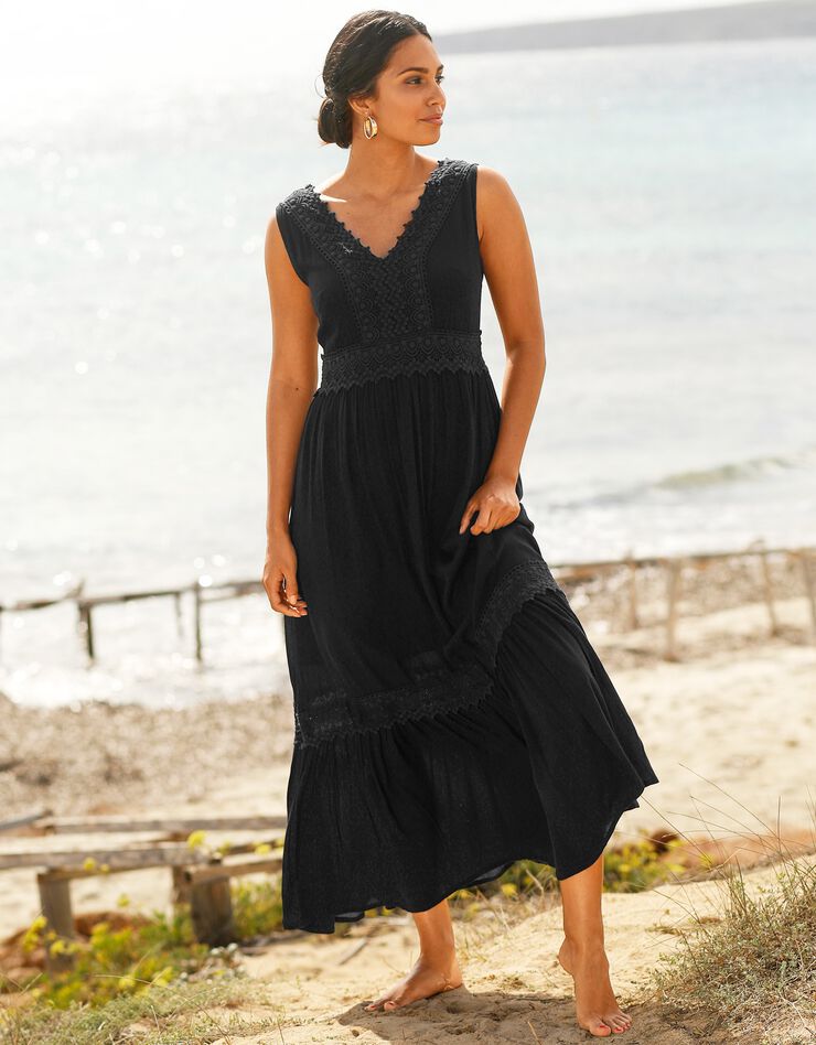 Robe longue volantée macramé (noir) Robe longue volantée macramé (noir)