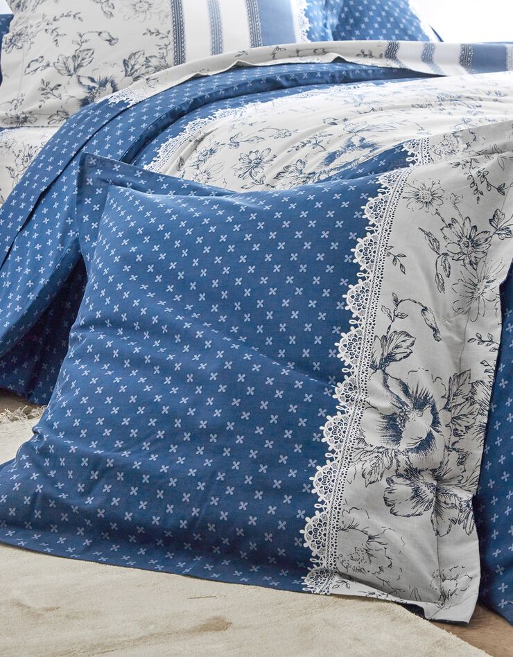 Linge de lit Gabrielle en coton imprimé pois, fleurs et dentelle (bleu marine)