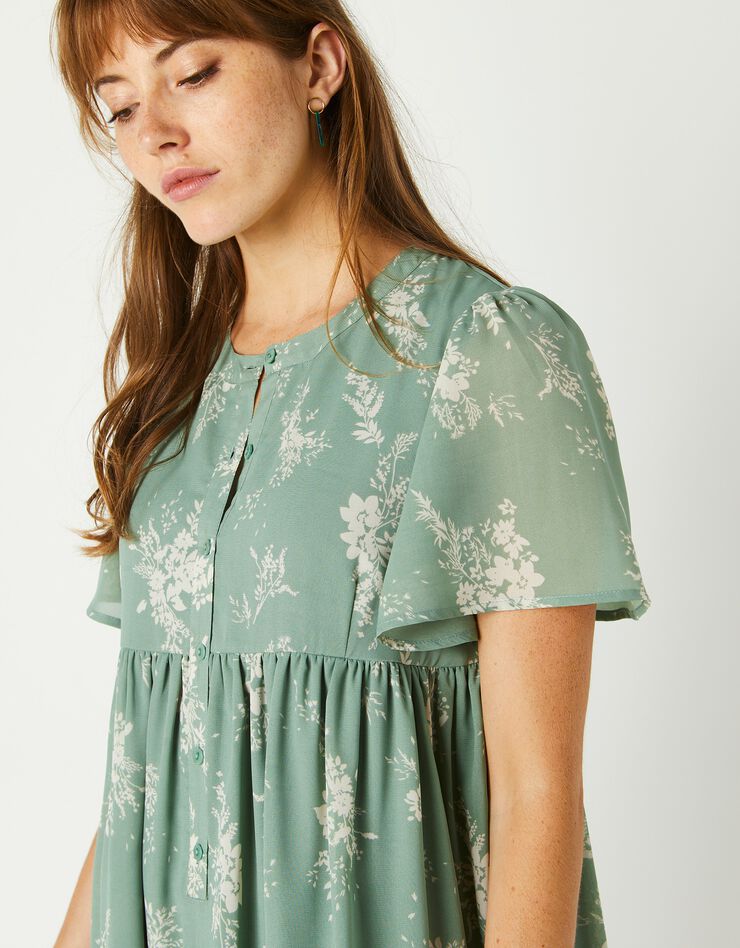 Robe évasée, voile imprimé bicolore (vert / écru)