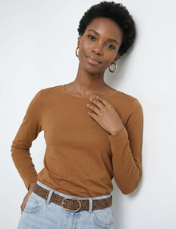 T-shirt uni col rond stretch (caramel)
