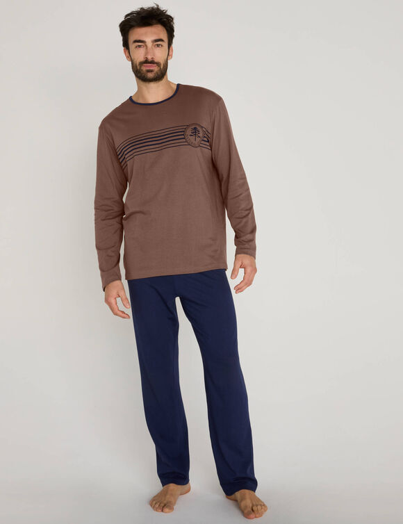 Pyjama pantalon jersey coton manches longues (taupe / marine)