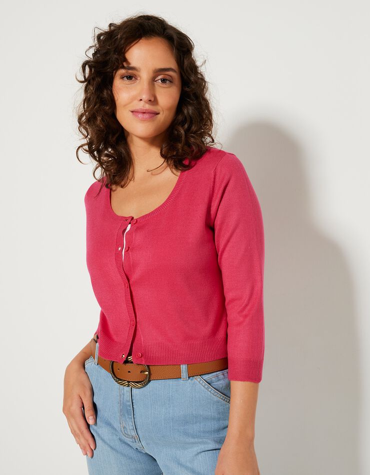 Gilet boléro boutonné toucher cachemire (rose fuchsia) Gilet boléro boutonné toucher cachemire (rose fuchsia)
