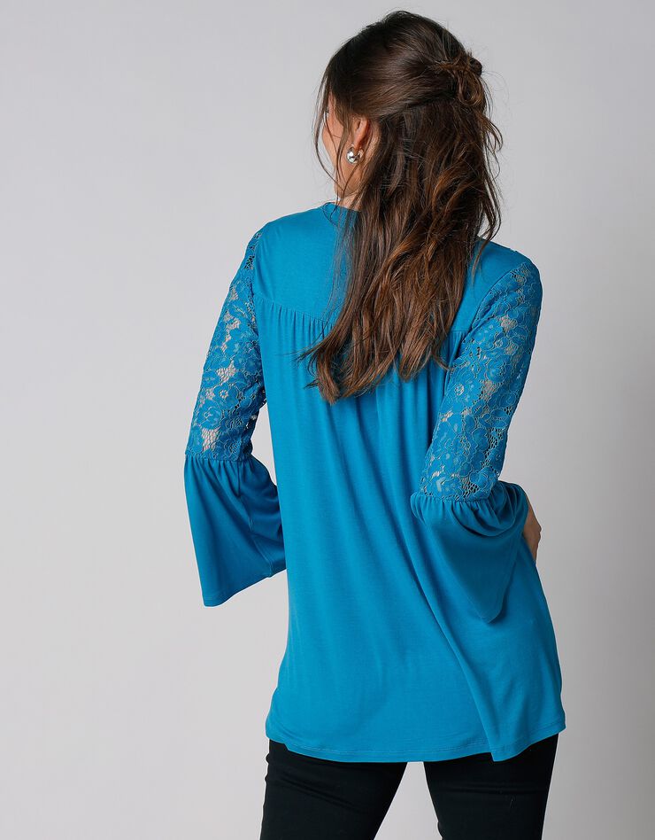Tee-shirt boutonné manches 3/4 dentelle (bleu prusse) Tee-shirt boutonné manches 3/4 dentelle (bleu prusse)