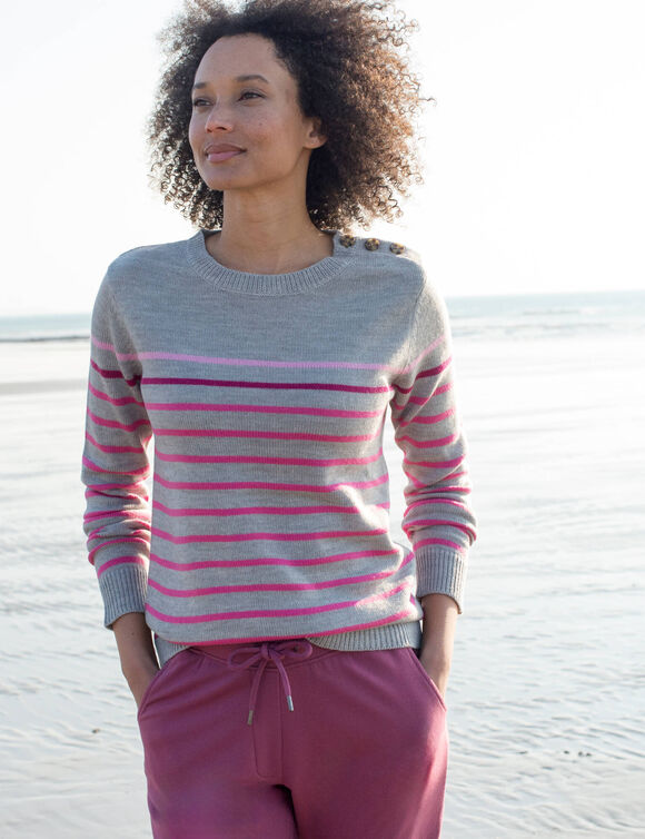 Pull col rond ray&eacute; marini&egrave;re, boutons &eacute;paule (gris chin&eacute; / rose)