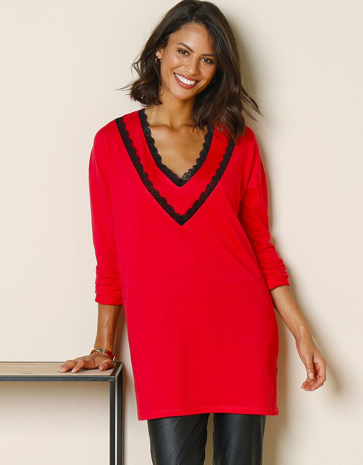 Tunique manches longues maille et dentelle (rouge) Tunique manches longues maille et dentelle (rouge)