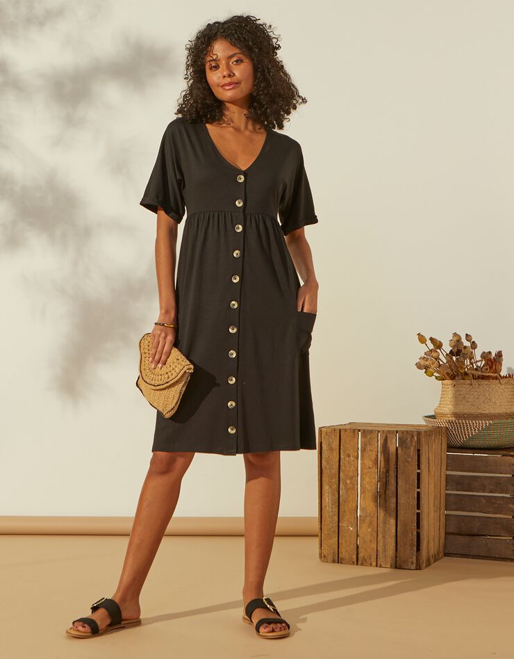 Robe boutonnée à poches, col V (noir) Robe boutonnée à poches, col V (noir)