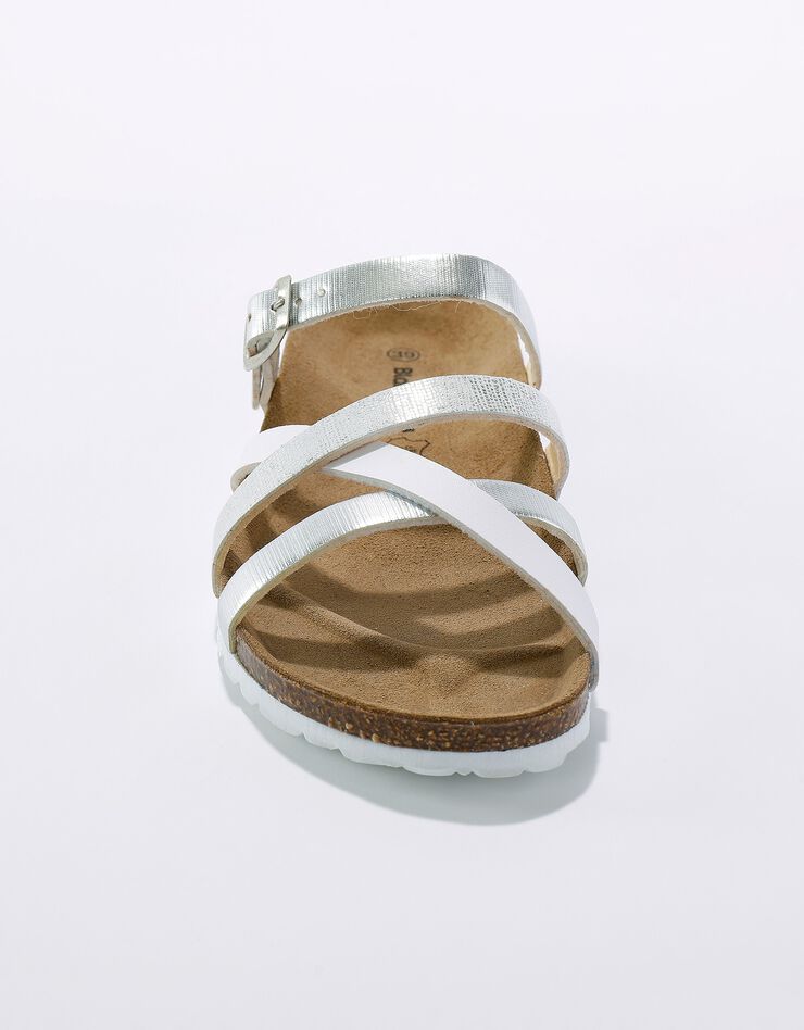 Mules compensées multibrides à boucle réglable en cuir semelle liège (argenté / blanc) Mules compensées multibrides à boucle réglable en cuir semelle liège (argenté / blanc)
