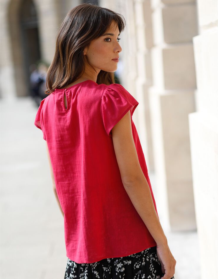 Blouse unie dentelle manches volantées (fuchsia)