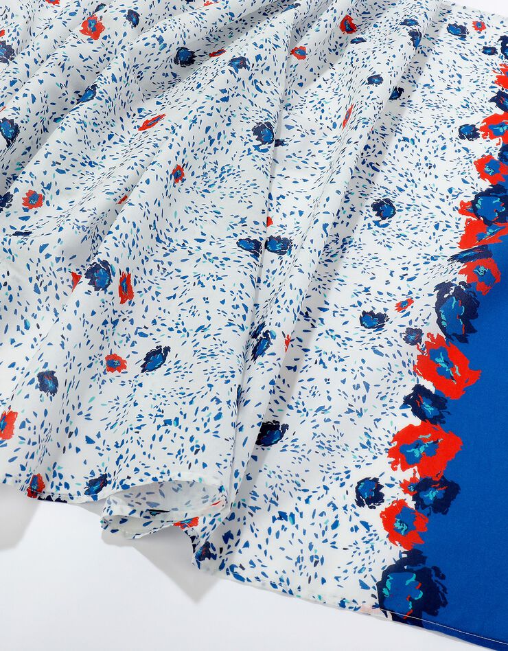 Foulard style chèche fabriqué en France imprimé coquelicots, 160 x 70 cm  - coton (écru / bleu)