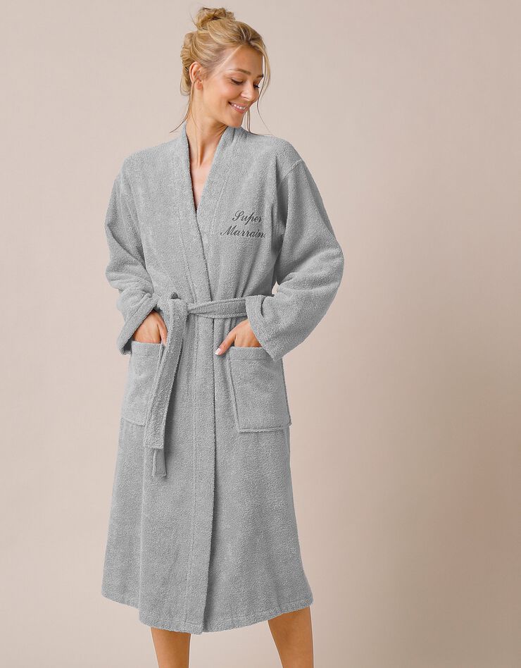 Peignoir mixte adulte uni coton éponge bouclette col kimono personnalisé (gris)