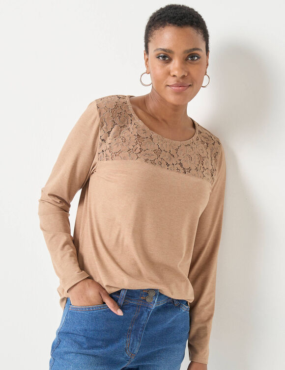 T-shirt col rond manches longues dentelle (noisette chiné)