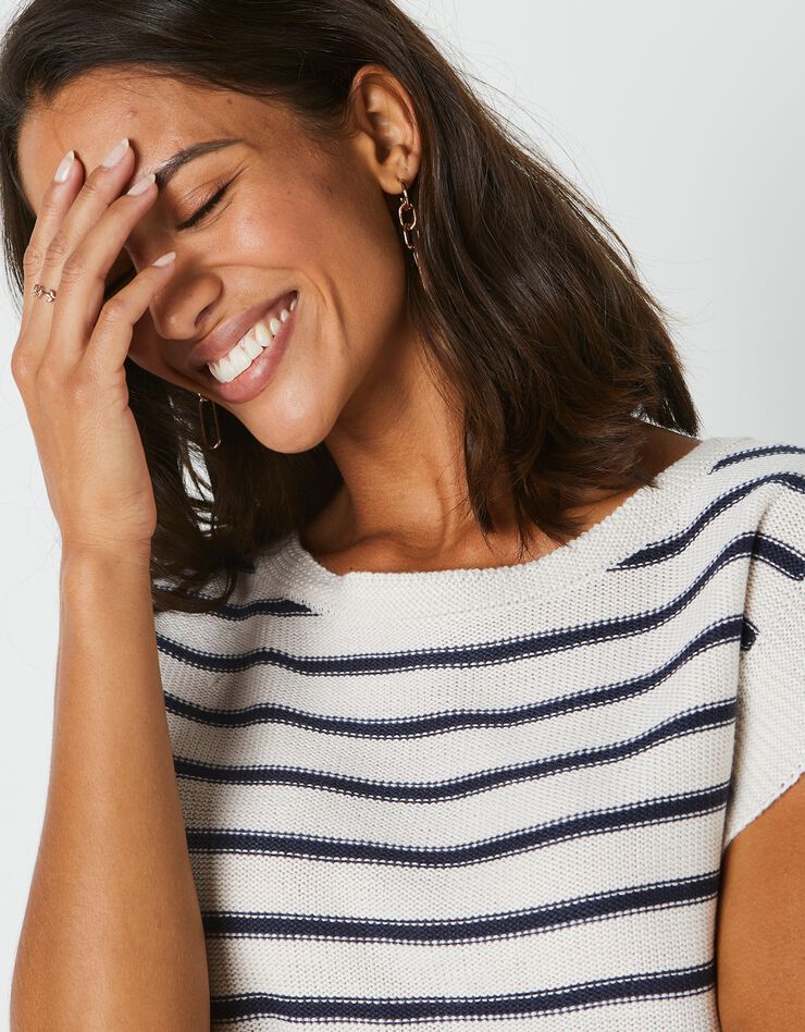Pull rayé sans manches, spécial petites (écru / marine) Pull rayé sans manches, spécial petites (écru / marine)