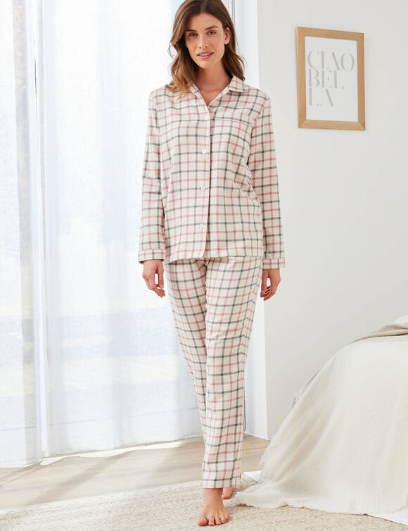 Pyjama pantalon en flanelle tiss&eacute; teint carreaux (&eacute;cru / rose)