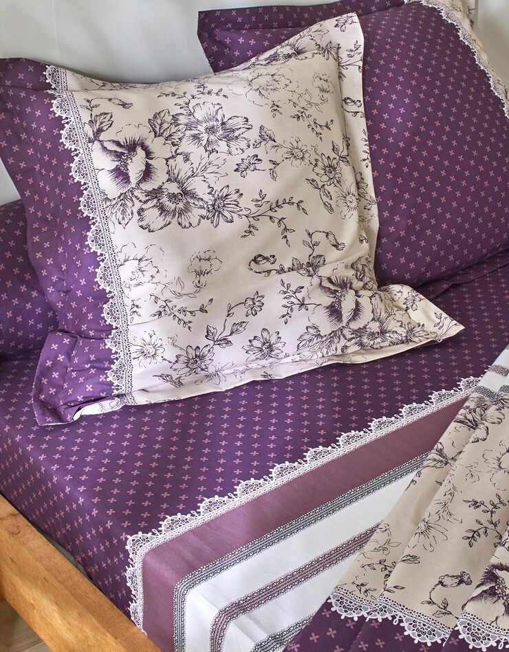 Linge de lit Gabrielle en coton imprimé pois, fleurs et dentelle (prune)