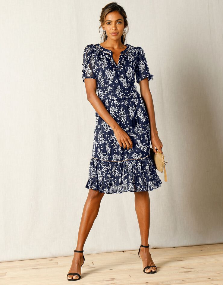 Robe imprimé floral, voile jacquard (marine / blanc)