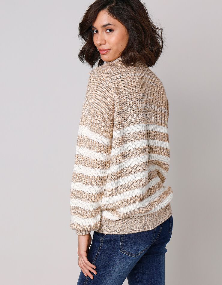Pull col camionneur rayé, maille anglaise toucher mohair (écru / caramel) Pull col camionneur rayé, maille anglaise toucher mohair (écru / caramel)