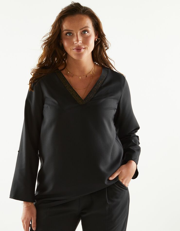 Blouse unie crêpe fluide détails dorés (noir) Blouse unie crêpe fluide détails dorés (noir)