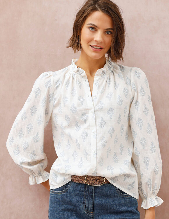 Chemisier volant&eacute; imprim&eacute; "indien" bicolore, coton textur&eacute; (&eacute;cru / bleu gris&eacute;)