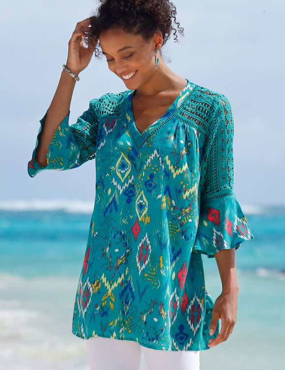 Tunique ample imprimée, détails macramé (émeraude)