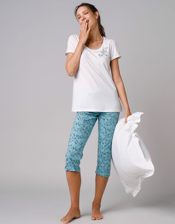 Tee-shirt de pyjama manches courtes imprimé placé fleurs (écru)