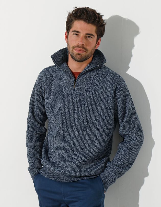 Pull col camionneur côte anglaise 30% laine (bleu mouliné)