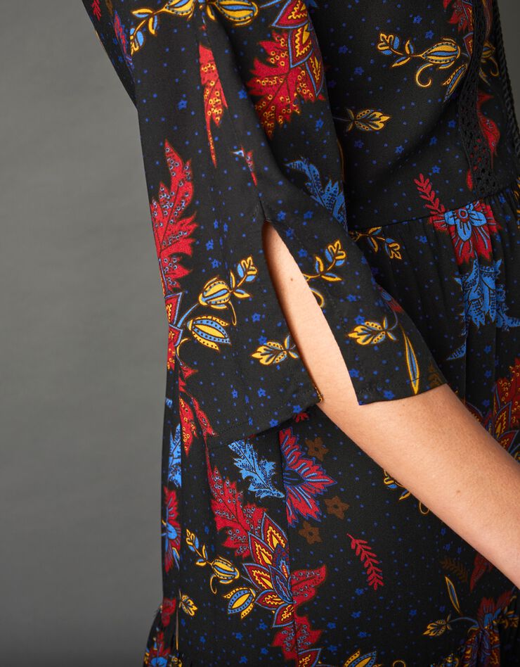 Robe longue imprimée manches 3/4 (noir / rouge)