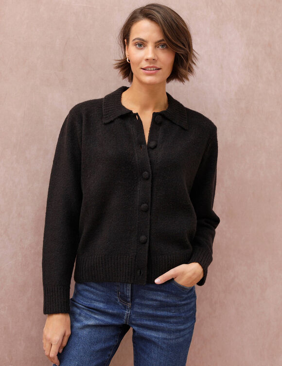 Gilet col polo uni, maille moelleuse (noir)