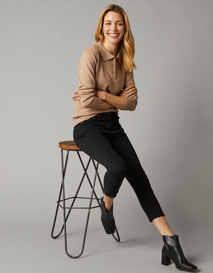 Pull col polo, laine d'agneau (beige chiné) Pull col polo, laine d'agneau (beige chiné)
