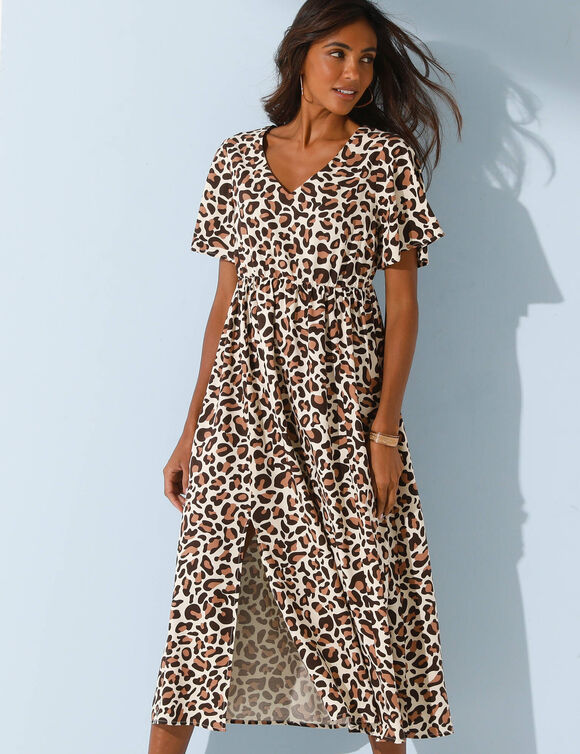 Robe longue manches papillons, imprimé léopard (écru / noisette)