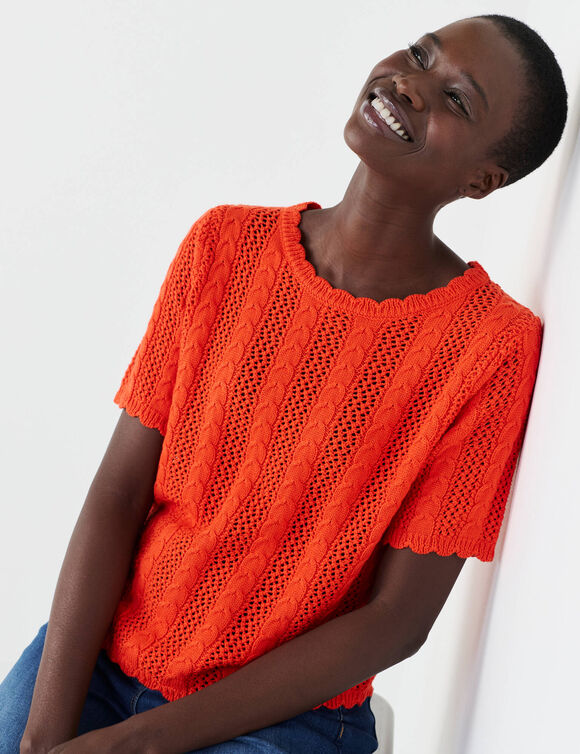 Pull festonn&eacute; col rond manches coudes, maille ajour&eacute;e fantaisie (orange)