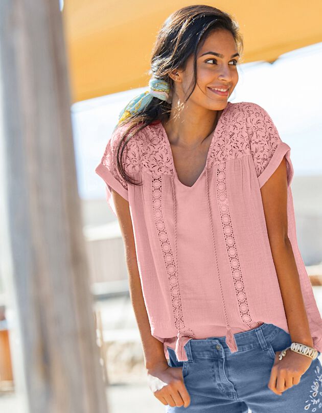 Tunique macramé crépon coton (rose grisé)
