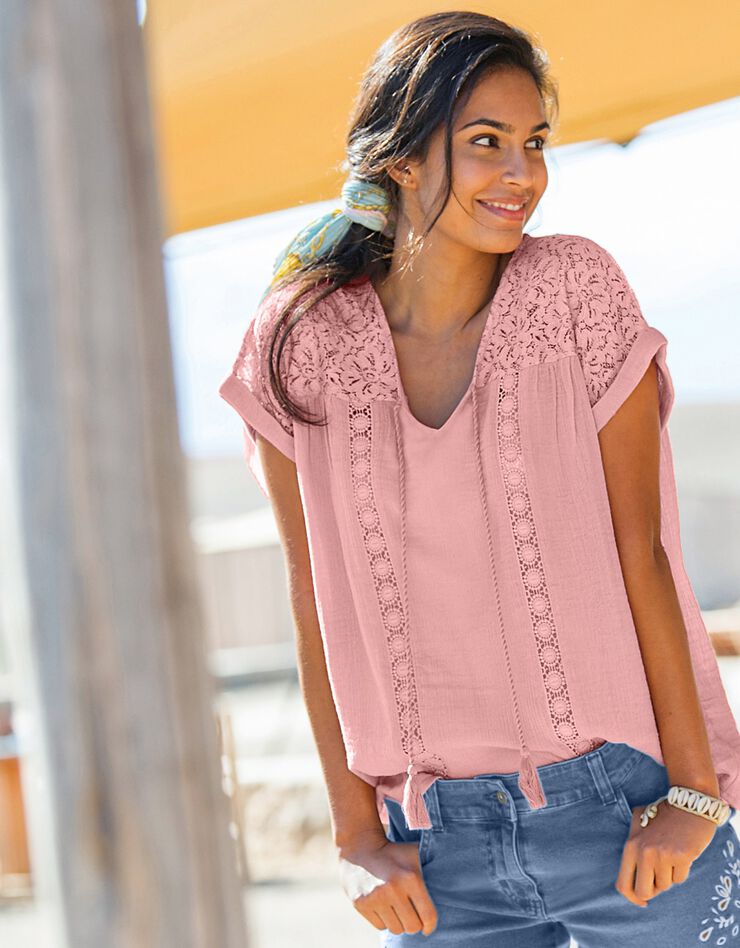 Tunique macramé crépon coton (rose grisé) Tunique macramé crépon coton (rose grisé)