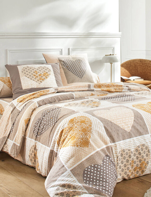 Linge de lit Lovely en coton imprimé coeurs (beige / caramel)
