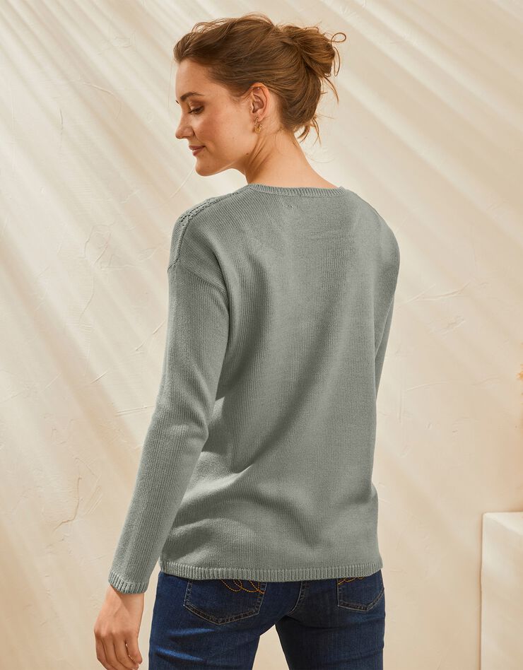 Pull col rond, maille ajourée toucher cachemire (kaki) Pull col rond, maille ajourée toucher cachemire (kaki)